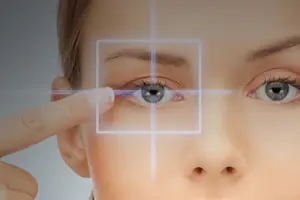 A woman is undergoing an eye examination, with her left eye in focus and a white square overlay.