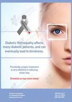 An advertisement for eye care featuring a woman's eye and a ribbon with the text 'Diabetic Retinopathy affects many diabetic patients, and can eventually lead to blindness.'