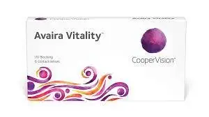 A white box with a colorful design on it, labeled as Avaira Vitality, a product from CooperVision.