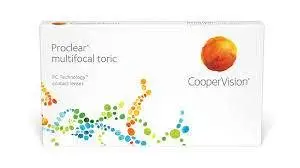 Box of Proclear Multifocal Toric contact lenses by CooperVision, featuring a vibrant design and an orange sphere.