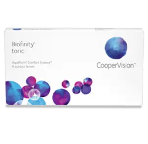 A box of CooperVision Biofinity Toric contact lenses with a blue and purple design on a black background.