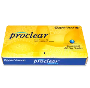 A yellow and blue box of Proclear Sphere soft contact lenses on a black background