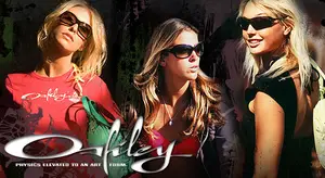 Three women wearing Oakley sunglasses stand next to each other in front of a dark background.