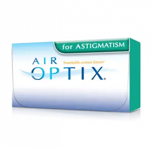 A box of Air Optix contact lenses for astigmatism displayed on a black background