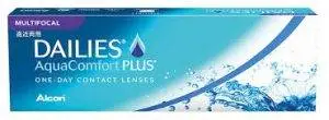 A box of Dailies AquaComfort Plus multifocal contact lenses with a blue and white background and water imagery.