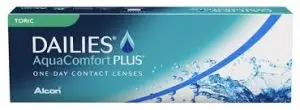Box of Dailies AquaComfort Plus one-day contact lenses with a blue and white design featuring water droplets
