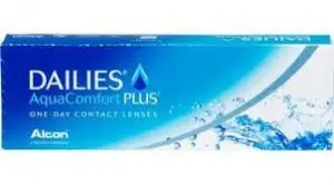 Box of Dailies AquaComfort Plus one-day contact lenses with a blue and white background and water droplets.