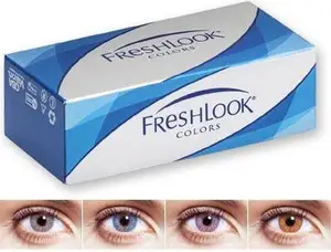 A box of FreshLook Colors contact lenses showing different eye colors