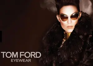 A woman wearing Tom Ford sunglasses and a fur coat poses for a fashion advertisement.