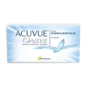 A box of Acuvue Oasys brand contact lenses with Hydraclear Plus technology and UV blocking.