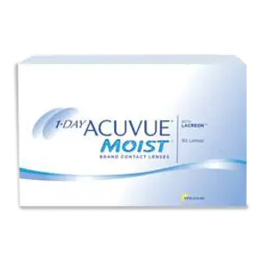 A box of 1-Day Acuvue Moist contact lenses from Lacreon is displayed on a black background.