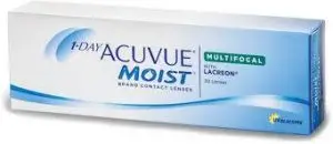 A box of 1-Day Acuvue Multifocal Moist contact lenses with 30 lenses