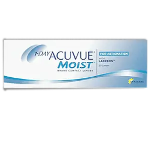 Image of 1-Day Acuvue Moist contact lenses for astigmatism, 30 lenses in a blue and white box.