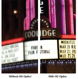 Comparison of a theater marquee image captured without and with HD Optics, showing enhanced clarity and detail with HD Optics