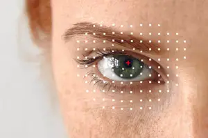Close-up of a woman's eye with white dots and a red cross, possibly for a medical examination.