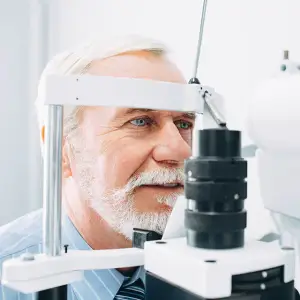 An older man with white hair and beard is looking into an eye examination machine in a clinic.