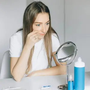 Woman using a mirror to insert contact lenses