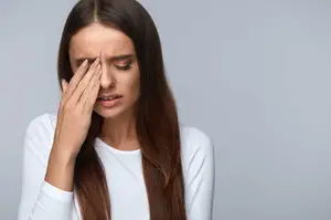 A woman with long brown hair experiencing pain from a foreign object in her eye