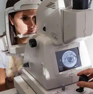 A woman is looking into an eye examination machine with a screen displaying an image of an eye