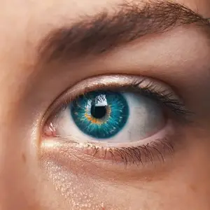 Close-up of a woman's eye with blue iris and brown eyelashes