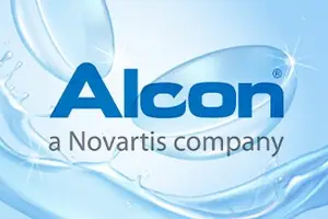 Alcon, a Novartis Company, logo with blue water droplets