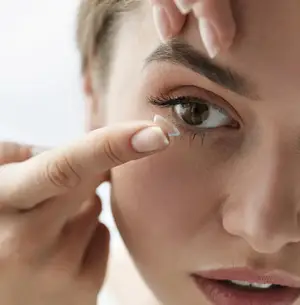 A woman placing a contact lens on her eye