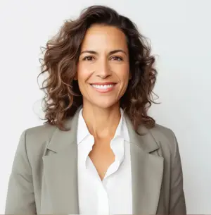 Portrait of a smiling woman with curly hair wearing a gray blazer and white shirt