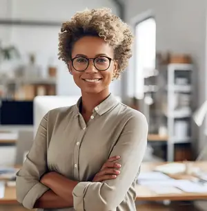 A smiling woman with curly hair wearing glasses and a beige shirt stands confidently in an office setting with her arms crossed.