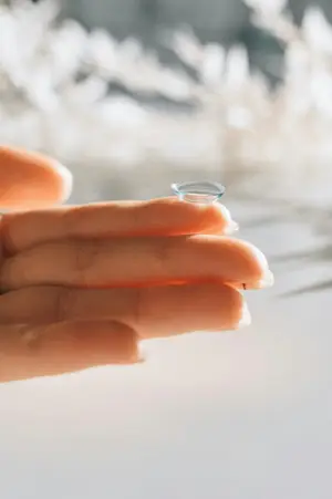 A hand holding a contact lens on a white surface