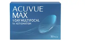 A blue box displaying the brand name Acuvue Max, a type of contact lens, on a white background.
