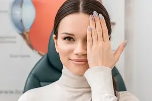 woman holding her eye with her left hand in a medical clinic