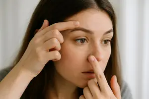 A woman adjusting her contact lens in her right eye.