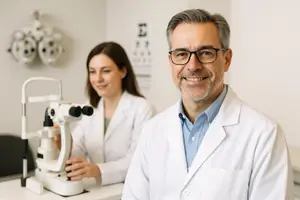 A smiling optometrist and an assistant in a clinic setting with an eye examination machine in the foreground.