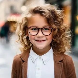 A young girl with curly blonde hair and glasses smiles in an outdoor setting