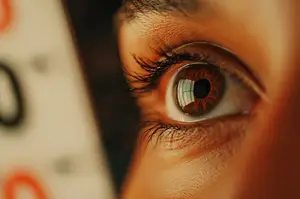 A close up of a woman's eye looking at a thermometer