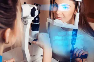 Woman getting her eyes examined by a doctor using a modern eye examination machine