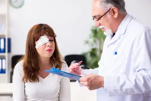 A woman wearing an eye patch is being examined by a doctor in a white coat.