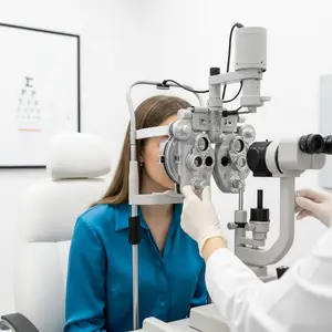 A woman is having her eyes examined by an optometrist
