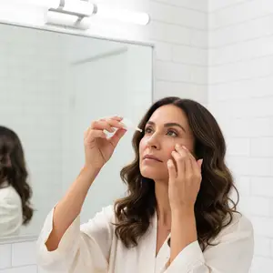 A woman is applying eye drops while looking at herself in a mirror.