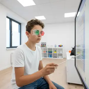 A young boy wearing sunglasses with tape over the lenses is sitting in front of a computer monitor, interacting with it using a stick.