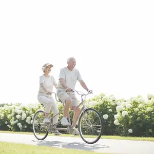 A smiling senior couple riding a tandem bike together on a sunny day.
