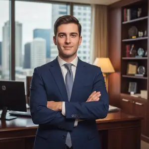 Businessman standing with arms crossed in front of a desk in an office room