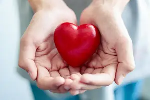 A person holding a red heart with their hands