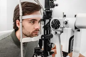 A man undergoing an eye examination with a slit lamp in a medical setting.