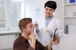 Man receiving an eye exam from an eye doctor