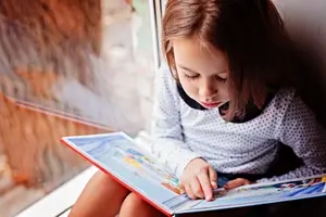 A young girl sitting on a window sill reading a book