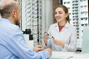 A man and a woman are inside a store, and the woman is showing the man a pair of glasses.