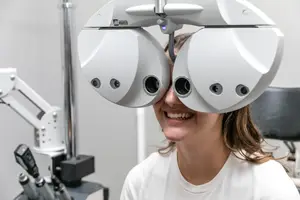 A woman smiling while looking through an eye examination machine