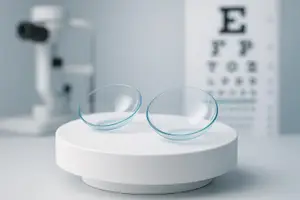 Two transparent contact lenses are displayed on a white pedestal in front of an eye exam chart.