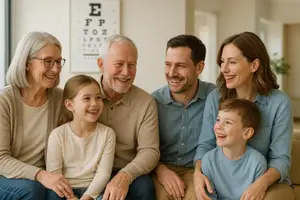 A family of four adults and two children sitting on a couch, smiling and looking at the camera.